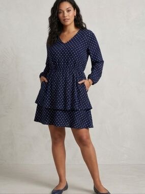 Women's Miss U Navy Blue and White Polka Dot Layered Dress Size L
